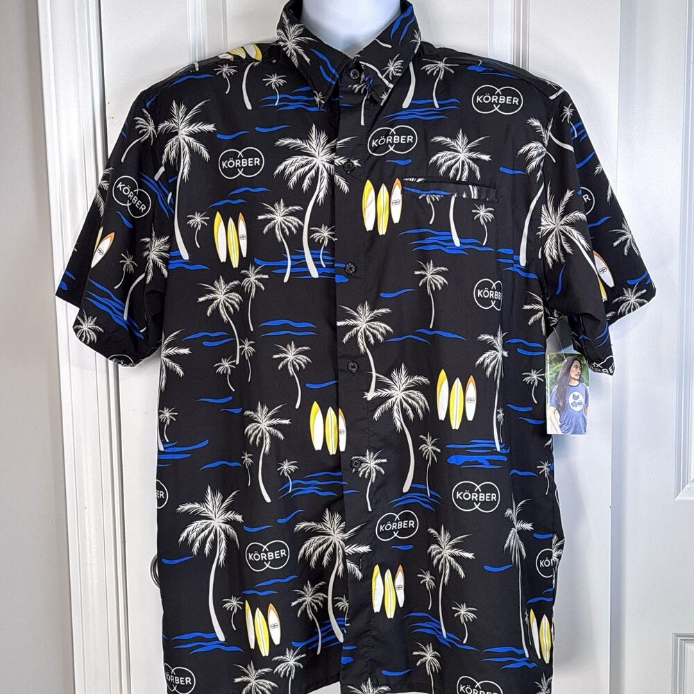 FSP Korber Hawaiian Shirt Mens Large Black Tropical Surfboard Button Up Cruise